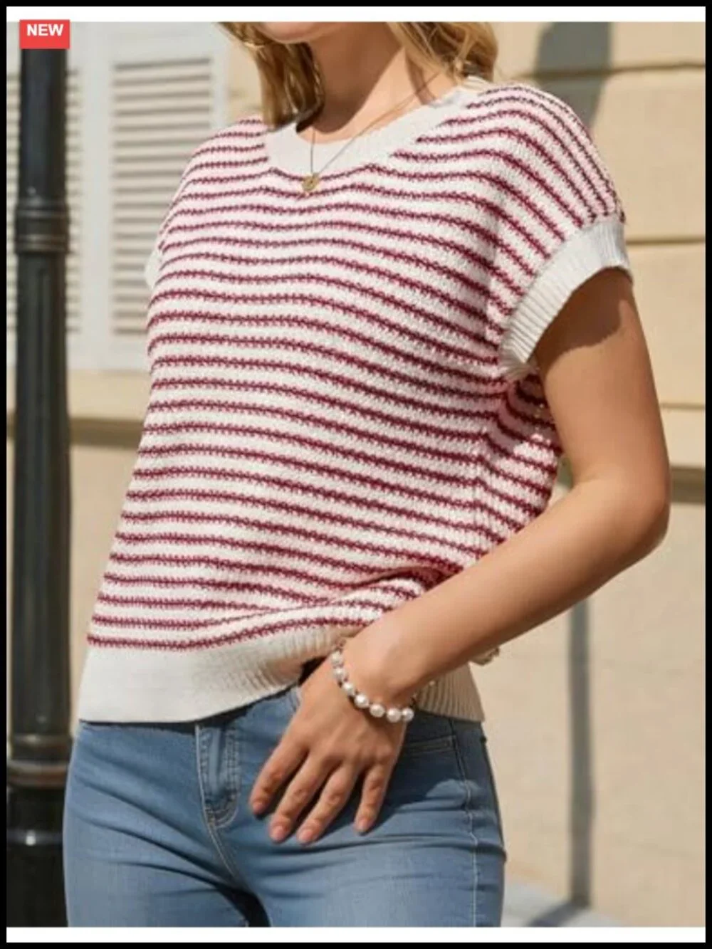 Lightweight Knit Striped Short Sleeve Sweater Vest